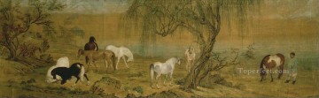 Arte Tradicional Chino Painting - Lang caballos brillantes en el campo chino antiguo